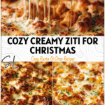 Golden tray of Creamy Baked Ziti topped with melted cheese ready for Christmas Eve dinner 26